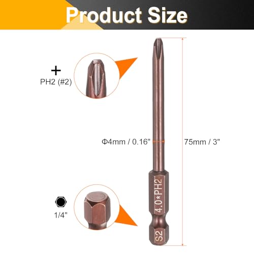 HARFINGTON 5pcs #2 Phillips Screwdriver Bit PH2 1/4" Hex Shank 3" (75mm) Long 0.16" Rod Magnetic Cross Head Drive Drill Bits S2 Steel Industrial Screw Driver Electric Power Tool, Brown - size: PH2 x 3" x 0.16"