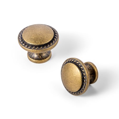 Antique Brass Cabinet Knobs, 1 Inch Round, Set of 12, Wheatear Border - color: Antique Brass