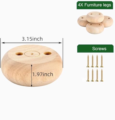 Set of 4 Unpainted Bun Feet 2 Inch Solid Wood for Furniture Unfinished Solid Hardwood Round Ottoman Couch Chair Sofa Legs with Screws
