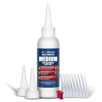 Starbond 4 oz. Medium CA Glue (Premium Cyanoacrylate Super Glue) with Extra Cap and Microtips for Quick Fixes, Woodworking, Woodturning, Hobby Models - size: 4 ounce