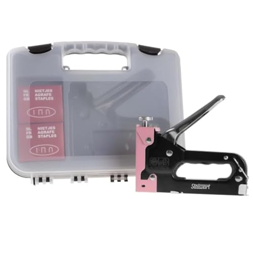 Light Duty Staple Gun - Fabric Stapler Gun for Crafts, Cardboard, Bulletin Boards or Classroom with 600 Standard 4-14mm Staples - Pink Stapler with Staples and Plastic Carrying Case by Stalwart - color: Pink