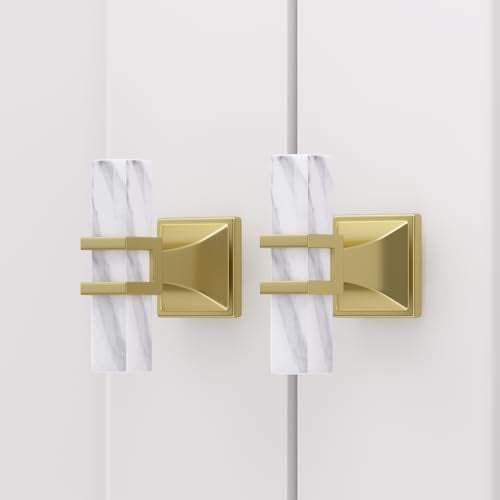 Rergy 10 Pack Cabinet knobs, White Marble & Matte Gold Single Hole Pulls - color: White Marble & Matte Gold &Square, size: Single Hole