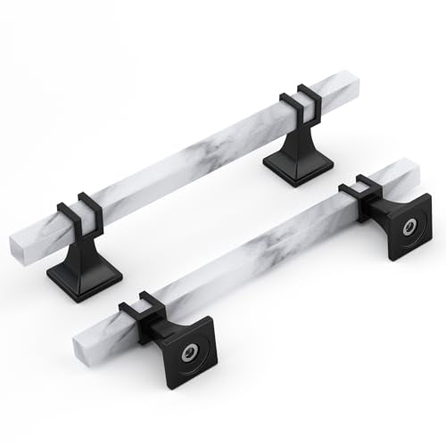 Rergy 10 Pack Cabinet Handles, White Marble & Matte Black Pulls, 5" - color: White Marble & Black, size: 5 inch (128mm) Hole Center