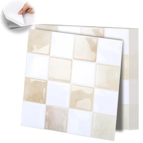 Feifeiya 10 Pcs Heavy-Duty Peel and Stick Backsplash Checkered 11.8" x 11.8" Kitchen 3D Adhesive Peel Stick Tile Waterproof Backsplash Renter Wall Tile for Bathroom Fireplace, Beige, Brown - color: Beige, Brown, size: Checkered 11.8" X 11.8"