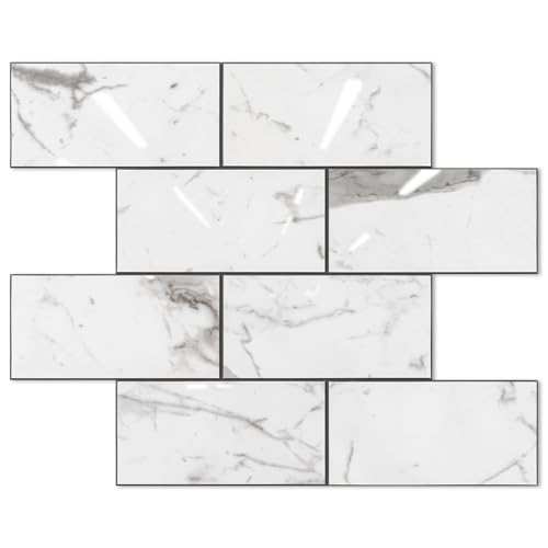 STICKGOO Subway Tile Peel and Stick Backsplash, Glossy White Marble PVC Self Adhesive Tile Backsplash, Stick on Tile for Kitchen and Bathroom(10 Sheets) - color: Glossy Grey Marble