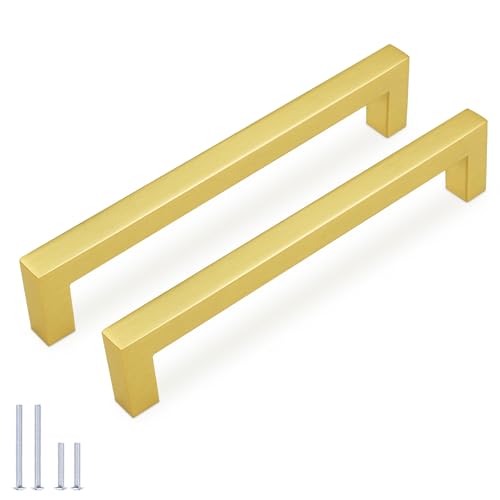 KNOBWELL 20Pack 6-3/10 Inch Brushed Gold Cabinet Pulls Stainless Steel Kitchen Cabinet Handles Square Drawer Pulls Modern Cabinet Hardware Handles，160mm Hole Centers - color: Brushed Gold, size: Hole Center:6-3/10 inch(160mm)