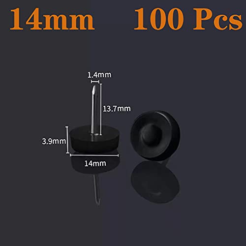 14mm Black Nylon Furniture Sliders Nail-On - Chair Leg Floor Protectors - Glides With Nail Head for Chair, Table Leg Feet (Flat Bottom, 100 Pcs) - size: 14 mm