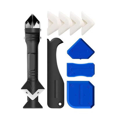 10PCS Silicone Curing Caulking Tool Stainless Steel Head, Multi Edge Scraper For Sealant Smoothing, Grout Cleaning Bathroom Kitchen, Black + Blue Scraper - color: Black + Blue Scraper