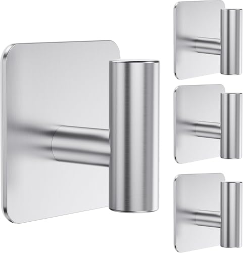 Aikzik 4 Pack Large Heavy Duty Wall Hooks - 26lb Max, Stainless Steel Adhesive Towel Hook, Shower Hooks for Hanging Towel, Coat, Robe, Wall Hook for Use in Bathroom, Kitchen and Door - color: Sliver