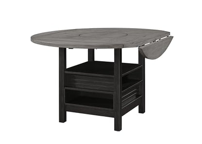 5pc Counter Height Dining Set Storage Table Single Pedestal Round Black Gray Natural Grain Integrated Turntable Drop Leaves Built in Shelving Fabric Upholstery Chairs