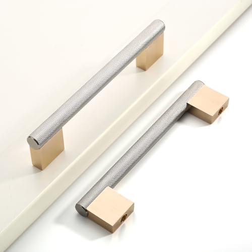 Gold & Brushed Nickel Knurled Cabinet Handles Kitchen Pulls 5 Inch 10 Pack - color: Gold and Brushed Nickel, size: 5"Hole Center, style: 10 Pack