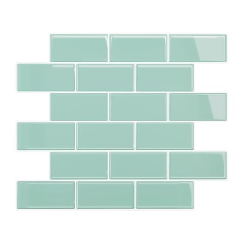 VEELIKE Aqua Green Subway Peel and Stick Backsplash Tile 24 Sheets Back Splashes for Kitchens Peel and Stick Green Wall Tiles 12''x12'' Waterproof Adhesive Backsplash Tiles for Bathroom Laundry Room - size: Box of 24 Tiles