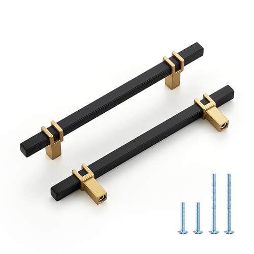 HOME EDIT 5 inch Cabinet Handles, 10 Pack Kitchen Cabinet Handles Matte Black and Gold Drawer Pulls Zinc Alloy Square Bar Kitchen Pulls - color: Black and Gold, size: 5 Inch Hole Center
