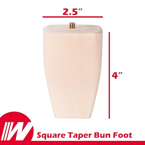 WADDELL Couch Feet (1 Count, Square Taper) | 4" Quick Mount Hardwood Sofa Legs for DIY Home Projects w/ 5/16" #18 Hanger Bolt | Unfinished Furniture Legs for Accent Armchair, Ottoman Bench, Foot Stool - color: Square Taper