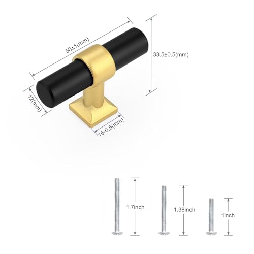 Black Brass Cabinet Knobs Single Hole T Bar Drawer Pulls 10 Pack - color: Black with Brushed Brass Base, size: Single Hole-2inch Length