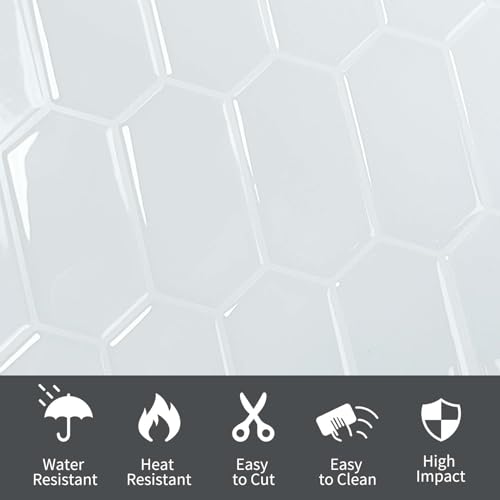 10-Sheet Long Hexagon Peel and Stick Kitchen Backsplash Tiles - color: White
