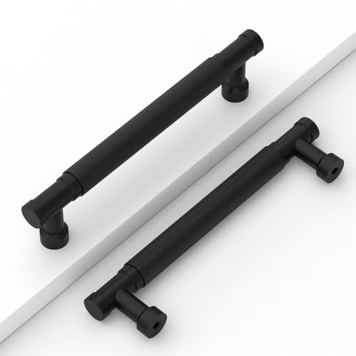 Matte Black Knurled Cabinet Handles Kitchen Pulls 5 Inch 10 Pack - color: Matte Black, size: 5" Hole Center