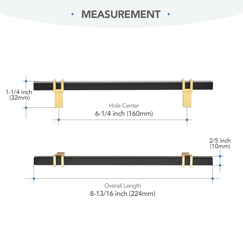 HOME EDIT 6-1/4 inch Cabinet Handles, 10 Pack Kitchen Cabinet Handles Matte Black and Gold Drawer Pulls Zinc Alloy Square Bar Kitchen Pulls - color: Black and Gold, size: 6-1/4 Inch Hole Center
