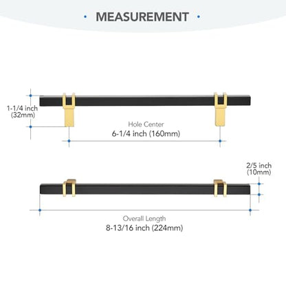 HOME EDIT 6-1/4 inch Cabinet Handles, 10 Pack Kitchen Cabinet Handles Matte Black and Gold Drawer Pulls Zinc Alloy Square Bar Kitchen Pulls - color: Black and Gold, size: 6-1/4 Inch Hole Center