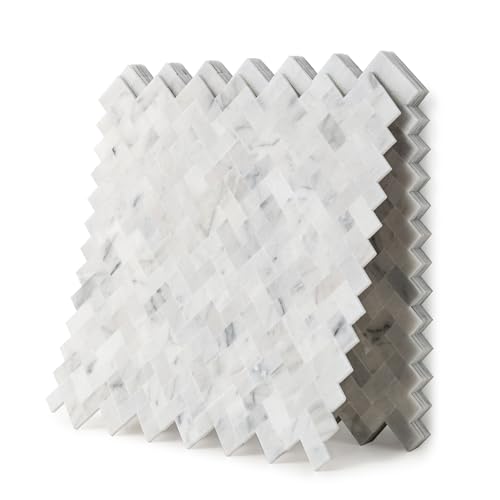 5-Sheet Genuine Marble Peel and Stick Backsplash — 11.7x11 3D Herringbone Real Stone Tiles, Waterproof & Heat-Resistant Self-Adhesive Panels for Kitchen, Fireplace & Vanity Decor (4.5 Sq. Ft.)