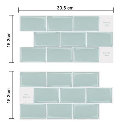 Alwayspon 10 Sheets 3D Thickened Peel and Stick Vinyl Backsplash Tiles, 12"x6" Self-Adhesive Wallpaper Wall Tile Stickers Stick on Subway Tiles for Kitchen Bathroom, Light Green 056 - color: T80056