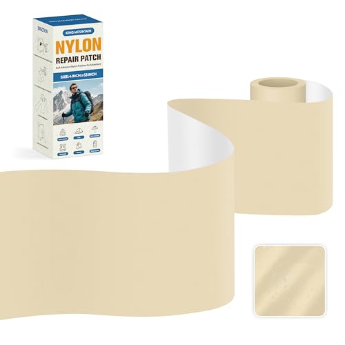 KING MOUNTAIN Self Adhesive Nylon Fabric Repair Tape, 4×63 Inches, Quick Down Jacket Repair Patch, Waterproof Outdoor Gear Patch Kit for Tent,Backpacks,Umbrella, Gloves, Sleeping Bag (Beige) - color: Beige, size: Nylon-4"W×63"L