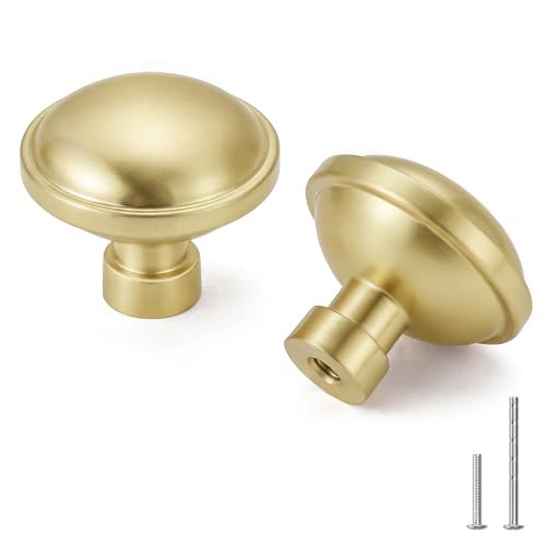 Goldenwarm Brushed Gold Cabinet Knobs, Round Drawer Handles 1-1/4 Inch 10 Pack | Rustproof Single Hole Cabinet Hardware, Solid Zinc Alloy, Screws Included for Cupboard Closet Furniture Upgrade - color: Brushed Brass, size: Knob(1-1/4 In)