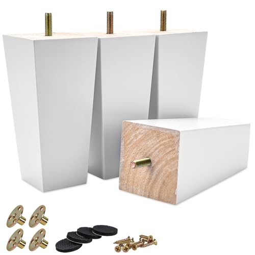 4 Inch / 10cm Wooden Furniture Legs, Set of 4 Solid Wood White Pyramid Sofa Legs Couch Feets with Hanger Bolt & Screws, Mid-Century Modern Furniture Replacement Feet for Home DIY - color: White, size: 4"/10cm