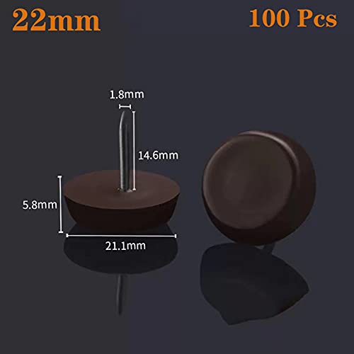 22mm Brown Nylon Furniture Sliders Nail On - Chair Leg Floor Protectors Nail - Nylon Chair Glides with Nail Brown Sliders Head, Chair, Table Leg Feet Protector Nail（Flat Bottom 100 Pcs） - size: 22mm