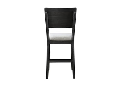5pc Counter Height Dining Set Storage Table Single Pedestal Round Black Gray Natural Grain Integrated Turntable Drop Leaves Built in Shelving Fabric Upholstery Chairs