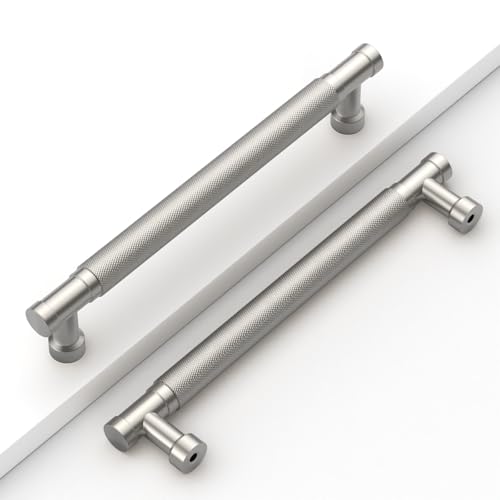Brushed Nickel Knurled Cabinet Handles Kitchen Pulls 6.25 Inch 10 Pack - color: Brushed Satin Nickel, size: 6.3" Hole Center