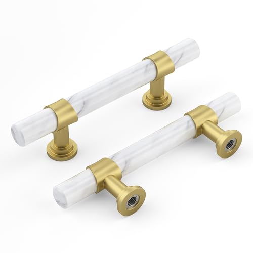 Haliwu 10 Pack 3in Black Cabinet Pulls Barrel Gold Dresser Drawer Pulls - color: White Marble & Matte Gold, size: 76mm (3 inch) Hole Center Spacing