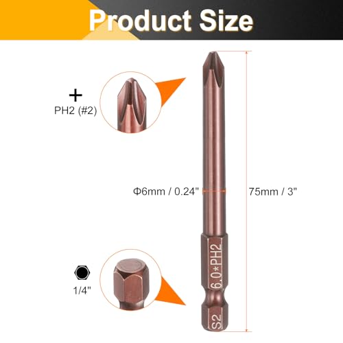 HARFINGTON 5pcs #2 Phillips Screwdriver Bit PH2 1/4" Hex Shank 3" (75mm) Long 0.24" Rod Magnetic Cross Head Drive Drill Bits S2 Steel Industrial Screw Driver Electric Power Tool, Brown - size: PH2 x 3" x 0.24"