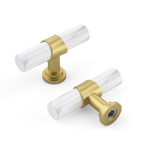 Haliwu 10 Pack Center Black Cabinet Knobs Barrel Gold Dresser Drawer Pulls - color: White Marble & Matte Gold, size: T-Bar Knob