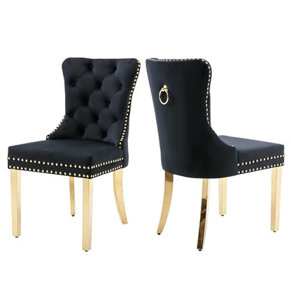 Black Velvet Dining Chairs Set of 2, Elegant Tufted & Nailhead, Gold Legs - color: Black, Golden Steel Leg, size: set of 2