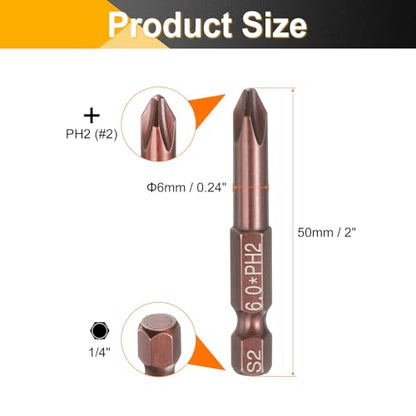 HARFINGTON 5pcs #2 Phillips Screwdriver Bit PH2 1/4" Hex Shank 2" (50mm) Long 0.24" Rod Magnetic Cross Head Drive Drill Bits S2 Steel Industrial Screw Driver Electric Power Tool, Brown - size: PH2 x 2" x 0.24"