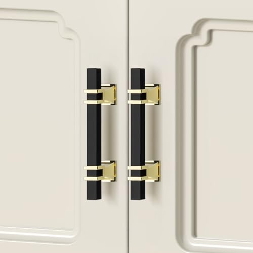 Rergy 10 Pack 5 Inch Black and Gold Cabinet Handles, Solid Zinc Alloy - color: Black and Gold, size: 5 Inch Hole Center