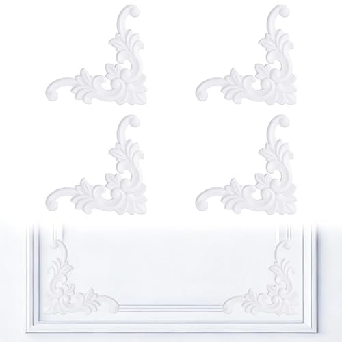 INCREWAY 4PCS Unpainted PVC Corner Wall Molding, French Style Medallion, Wainscoting Accent Panel for Ceiling Cabinet Door Bed Dresser Mirror Furniture (11cm, Leaf Pattern)