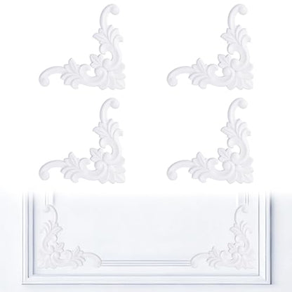INCREWAY 4PCS Unpainted PVC Corner Wall Molding, French Style Medallion, Wainscoting Accent Panel for Ceiling Cabinet Door Bed Dresser Mirror Furniture (11cm, Leaf Pattern)