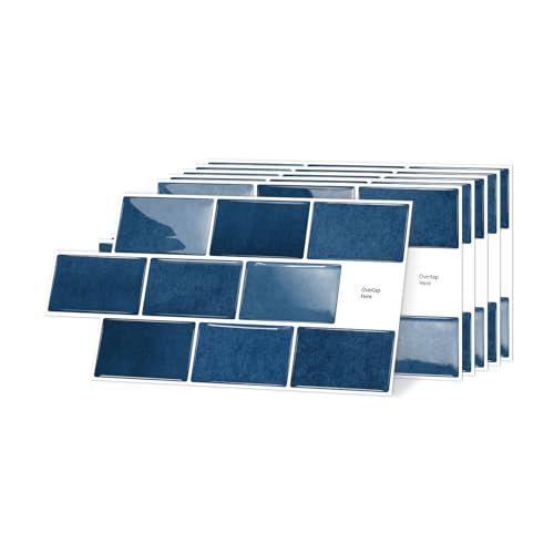 Alwayspon 6x12inchx10Pcs Self Adhesive Wall Tile Sticker, Peel and Stick Adhesive Waterproof Backsplash Stick on Tile Decals for Kitchen Bathroom Wall, Deep Blue - color: Deep Blue