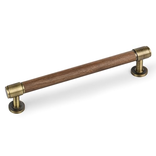 SALISENG-5 Pack Walnut Wood and Antique Brass Kitchen Cabinet Pulls,6.3 Inch Brass Dresser Drawer Handles, Modern Furniture Pulls for Cupboard Wardrobe Closet Cabinet Hardware - size: 6-3/10 Inch Hole Center