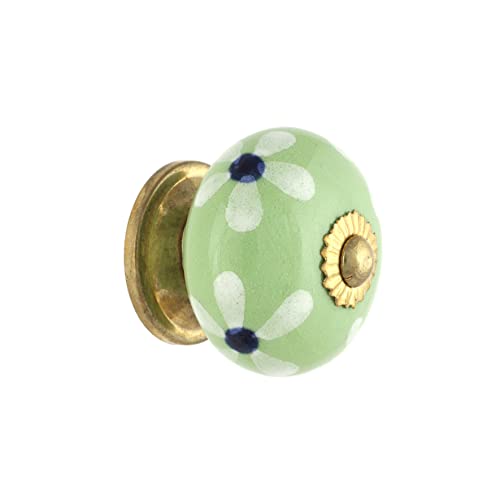 Kitchen Cabinet Knobs - Indian Handmade Ceramic Dresser Pull Handle Kitchen Cupboard Wardrobe Drawer Pulls Boho Furniture Hardware - Olive Green Floral - Pack of 4 - color: Olive Green Floral
