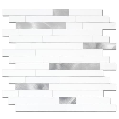 Yipscazo Peel and Stick Stone Metal Backsplash, Stick on Tiles for Backsplash Kitchen (5 Pack, Pure White) - color: Pure White