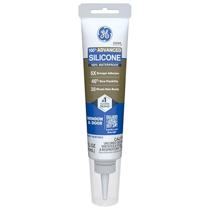 GE Advanced Silicone Caulk for Window & Door, Clear, 2.8 fl oz Tube, 12 Pack - 100% Waterproof Silicone Sealant, 5X Stronger Adhesion, Freeze & Sun Proof - size: Pack of 12, style: Clear