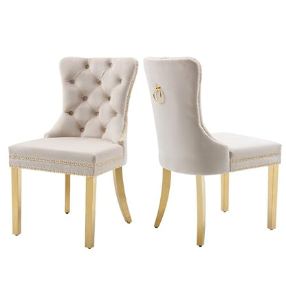 Beige Velvet Dining Chairs Set of 2, Elegant Tufted & Nailhead, Gold Legs - color: Beige, Golden Steel Leg, size: set of 2