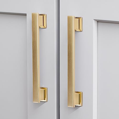 VEHCIL 20 Pack Square Brushed Gold Cabinet Pulls, 7 Inch(178mm) Hole Centers Gold Cabinet Handles Hardware for Kitchen Cupboard Closet Bathroom Dresser Drawer, Solid Zinc Alloy - color: Brushed Gold, size: 7 Inch Hole Centers Pull