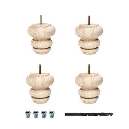 OUTWATER 4 in. H x 4 in. Dia Unfinished Solid Hardwood Bun Foot Leg for Furniture 4 Pack with 4 Free Insert Nuts and Drill Bit - color: Unfinished