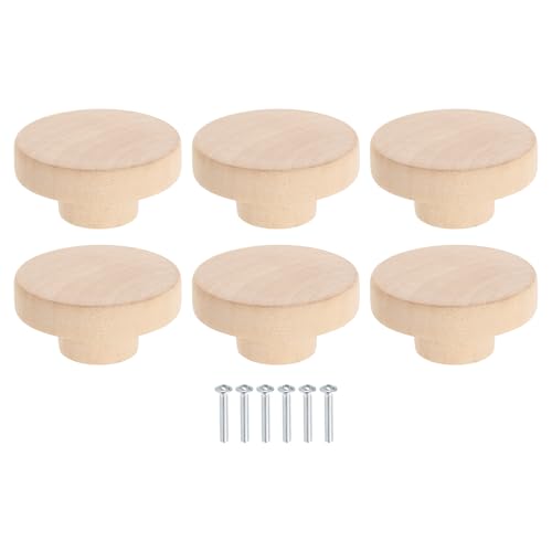 uxcell 6Pcs Round Wood Drawer Knob, 2" Diameter Flat Round Dresser Knobs Wooden Knobs with Screws for Furniture Drawer Dresser Wardrobe Cupboard - size: 2 Inch