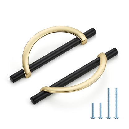 Brushed Gold & Matte Black Cabinet Pulls Curved, 5 Inch/128 mm, 10 Pack - color: Brushed Brass & Matte Black, size: 5 Inch Hole Center