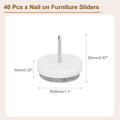 uxcell Nail-on Furniture Sliders, 40Pcs Nail-on Felt Pads Round Chair Table Feet Pads Chair Leg Floor Protectors for Hardwood Floors (White, 28mm/1.1") - size: 28mm/1.1"